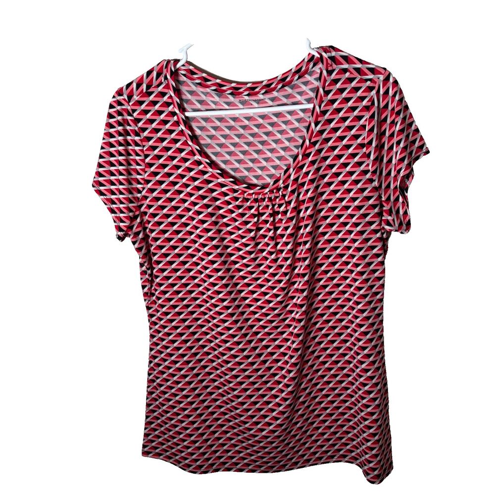 Worthington Blouse Women's Large Red Pink Geometric Short Sleeve Round Neck Top